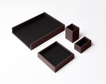 Set de Bureau Cuir Véritable Marron Brun - Accessoires Bureau 4 Pièces Vide Poche Pot à Crayon Corbeille à Courrier Porte-Cartes de Visite