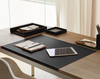 Office Desk Pad made of Black leather - Core made of Steel, Non-Slip Bottom, Tailored Seams - Desk Mat Suitable for Classic and Modern Desks