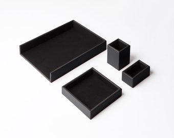 Desk Tidy Organiser Set Real Leather Black - Office Set Of 4 Pieces: Valet Tray, Pen Holder, Paper Tray and Business Card Holder