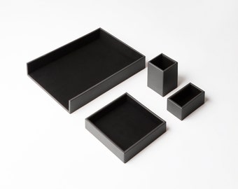 Desk Tidy Organiser Set Leather Anthracite Grey - Accessories Set Of 4 Pieces: Valet Tray, Pen Holder, Paper Tray and Business Card Holder