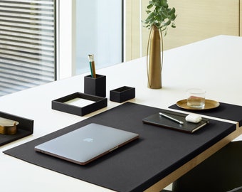 Real Leather Desk Mat Black. Office Desk Pad, Steel Structure with L-shaped Forward Profile, Non-Slip Bottom. Made in Italy