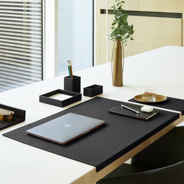 Real Leather Desk Mat Black. Office Desk Pad, Steel Structure with L-shaped Forward Profile, Non-Slip Bottom. Made in Italy