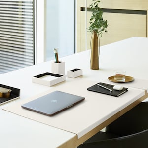 Office Desk Mat Made of White Leather. Modern Design, Steel Structure With  L-shaped Forward Profile, Non-slip Bottom. Made in Italy 