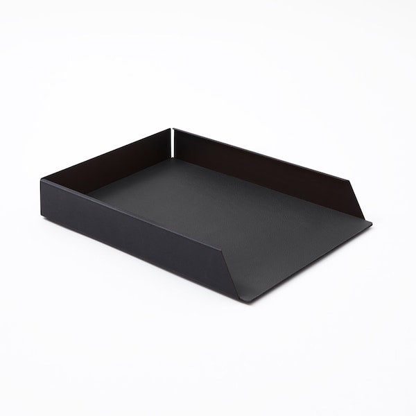 Corbeille à Courrier Empilable avec Structure en Acier Noir Mat - Fond Interne Cuir Véritable Noir - cm 32,5 x 24,2 x H.5 - Made in Italy