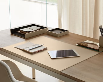 Office Desk Pad made of Beige Leather - Core made of Steel, Non-Slip Bottom, Tailored Seams - Desk Mat Suitable for Classic and Modern Desks
