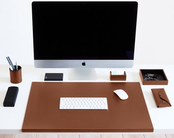 Office Desk Mat Made of Orange Brown Leather. Steel Structure with L-shaped Forward Profile. Resistant to Wear and Water. Made in Italy