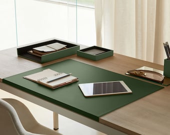 Sous main Bureau en Cuir Vert - Structure en Acier avec un Profil Antérieur à L Coutures Artisanales Fond Antidérapant - Made in Italy