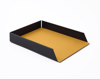 Organizador Papeles Apilable con Estructura de Acero Negro Mate - Fondo Interno Piel Genuina Amarilla - cm 32,5 x 24,2 x H.5 - Made in Italy