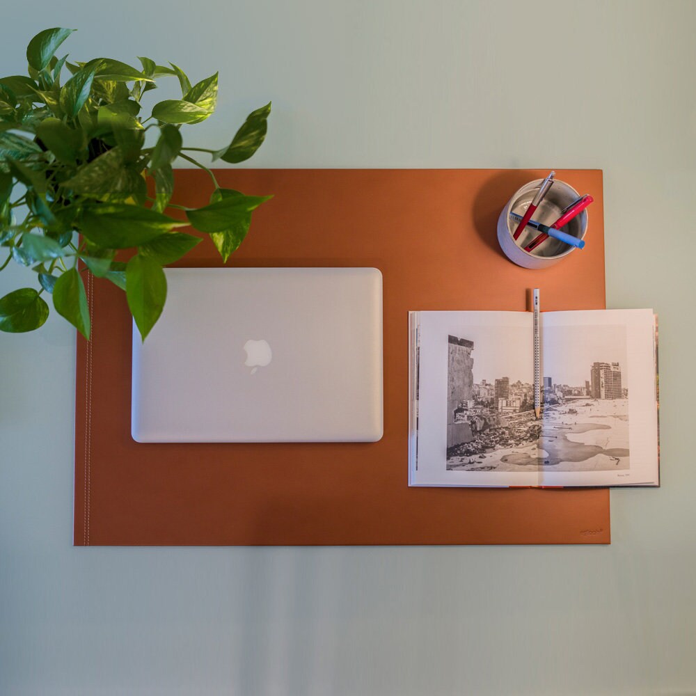 Office Desk Pad Orange Brown Leather. Desk Mat With Steel Etsy UK