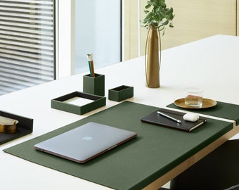 Real Leather Desk Mat Green. Office Desk Pad, Steel Structure with L-shaped Forward Profile, Non-Slip Bottom. Made in Italy