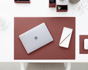 Desk Pad for Office Made of Burgundy Red Leather. Desk Mat with Handmade Stitchings and Non-Slip Bottom. Resistant to wear and water