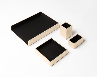 Set de Bureau en Cuir Beige - Accessoires Bureau 4 Pièces: Vide Poche, Pot à Crayon, Corbeille à Courrier, Porte-Cartes de Visite