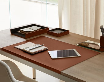 Sous main Bureau en Cuir Orange Marron - Structure Acier avec un Profil Antérieur à L Coutures Artisanales Fond Antidérapant - Made in Italy