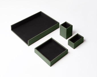 Desk Tidy Organiser Set Real Leather Green - Office Set Of 4 Pieces: Valet Tray, Pen Holder, Paper Tray and Business Card Holder