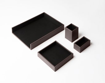 Set de Bureau en Cuir Marron Brun - Accessoires Bureau 4 Pièces: Vide Poche, Pot à Crayon, Corbeille à Courrier, Porte-Cartes de Visite