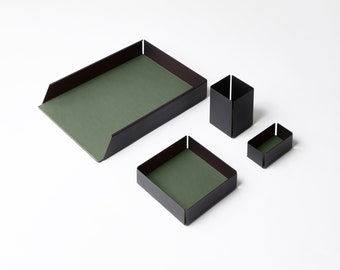 Desk Tidy Organiser Set made of Black Steel and Green Real Leather - 4 Pieces: Valet Tray, Pen Holder, Paper Tray, Business Card Holder