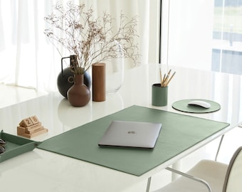 Real Leather Office Desk Mat Sage Green. Desk Pad with Handmade Stitchings and Non-Slip Bottom. Resistant to wear and water. Made in Italy