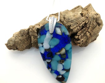 Fused glass pendant in blue pebble tones