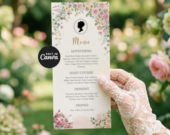 Modelo de Menu para Festa no Estilo Regência | Menu Elegante para Chá da Tarde | Modelo Editável Vintage Floral para Canva | Placa Digital para Menu de Festa