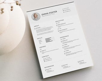 May include: A black and white resume template with the name Emma Foster and the title "Professional Title" at the top. The resume includes sections for "About", "Skills", "Awards", "Contact", "Education", "Experience", and "References".