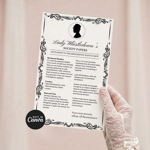 Convite para a Festa de Observação de Bridgerton | Documentos da Sociedade Lady Whistledown (Modelo Digital em Canvas)