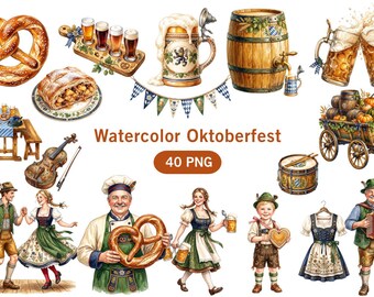 Oktoberfest Clipart Bundle | Watercolor Beer Festival PNG, German Beer Mug, Pretzel, Bavarian Clipart, 40 Transparent PNG