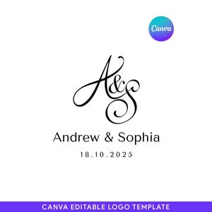 May include: A minimalist wedding logo design featuring the intertwined initials "A&S" in elegant black script. Below, the names "Andrew & Sophia" and the date "18.10.2025" are displayed in a clean, sans-serif font. A Canva logo is in the top right corner.