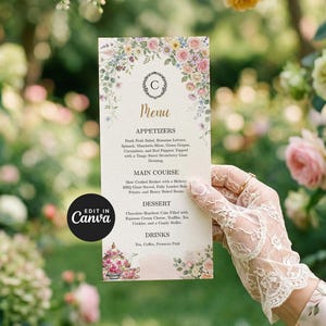 Puede incluir: Una tarjeta de menú rectangular vertical con un borde floral de flores rosas, amarillas y azules en la parte superior e inferior. El texto incluye la letra C en una corona, la palabra Menu y secciones para Appetizers, Main Course, Dessert y Drinks.