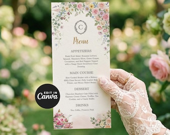 May include: A vertical rectangular menu card featuring a floral border of pink, yellow, and blue flowers at the top and bottom. The text includes the letter C in a wreath, the word Menu, and sections for Appetizers, Main Course, Dessert, and Drinks.