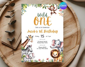Safari Wild One Birthday Invitation, Jungle Animals (Canva Template)