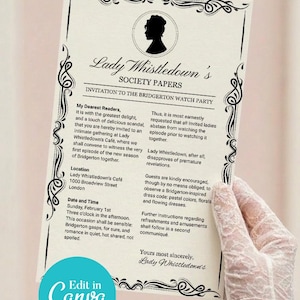 Inbjudan till Bridgerton Watch-festen | Lady Whistledown Society-dokument (digital Canva-mall)