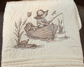 Heirloom Baby Quilt, Woodlands, embroidered sketch fisherman. FishinBaby Nursery Blanket,Baby Shower Gift baby gender neutral Christmas gift