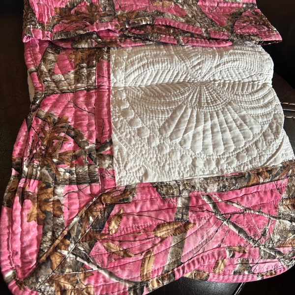 Pink Camo Heirloom Quilt, Handcrafted Camo Bedding, Rustic Blanket, Vintage Style Quilt, Unique  Home Decor Throw