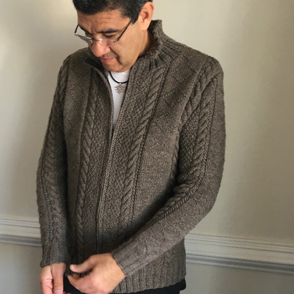 Knitting Pattern Men's Cable Cardigan with Zipper or Buttons