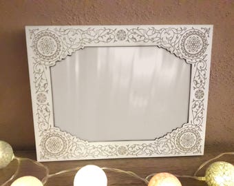 Wooden engraved photo frame, wooden picture frame, floral, white, A5, 4x7, 5x7 (inches) - to hang or stand vertically or horizontally