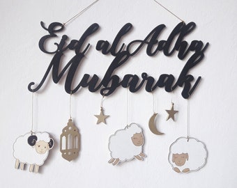 Eid al Adha mubarak letters with sheeps stars moon decorations, 3 colors avilable, Id decoration, Home Eid decoration
