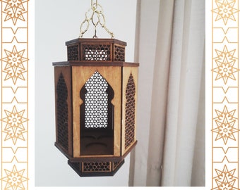 Moroccan style hanging on chain wooden lantern - for 3 tea lights - handmade, arabic decor, tea light holder, oriental gift