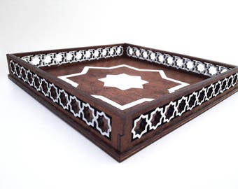 Square tray - wooden - moroccan star theme 30x30cm (inner dimension)