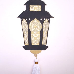 Ramadan hanging ornaments lantern from wood, decoration on both sides Eid id Mubarak. Ramadan decoration. One piece. image 4