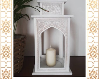 Wooden Lantern "Istanbul" for tea-light, tea light, white lamp, oriental lighting holder, engraved moroccan, unique gift