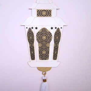 Ramadan hanging ornaments lantern from wood, decoration on both sides Eid id Mubarak. Ramadan decoration. One piece. image 2