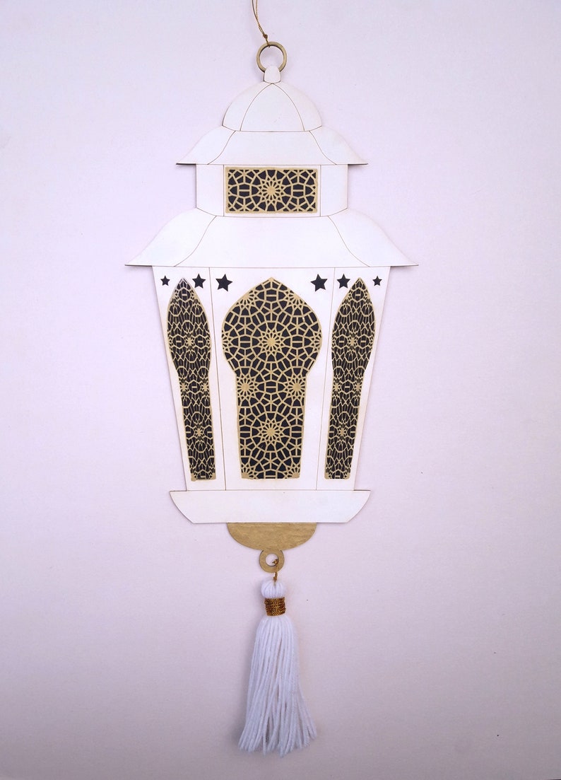 Ramadan hanging ornaments lantern from wood, decoration on both sides Eid id Mubarak. Ramadan decoration. One piece. image 2