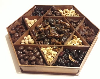 Wooden hexagonal tray for delicacies, Eid gift, Ramadan table decoration