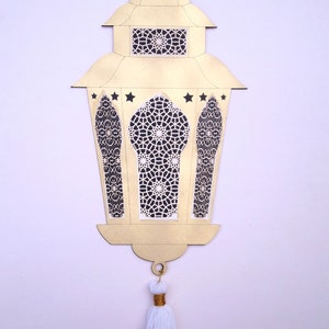 Ramadan hanging ornaments lantern from wood, decoration on both sides Eid id Mubarak. Ramadan decoration. One piece. image 3