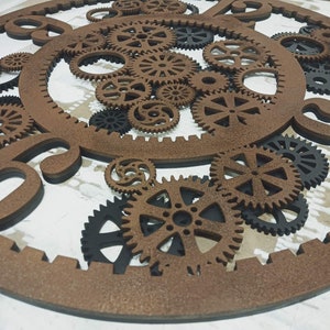 90 cm (35,43 inch) wandklok industrieel, steampunk-stijl, versnellingen, houten klok - verschillende kleuren, roestig, goud, zwart, zilver, aangepaste kleuren