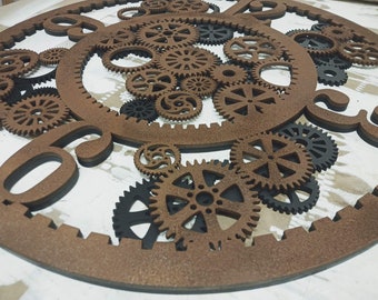 90 cm (35.43 in) wall clock industrial, steampunk style, gears, wooden clock - different colors, rusty, golden, black, silver, custom colors