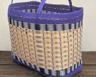 Beach Bag Woven Guatemalan Grape Purple and Cream Plastic Market Basket Strong Resistant Bag Fantastic Color