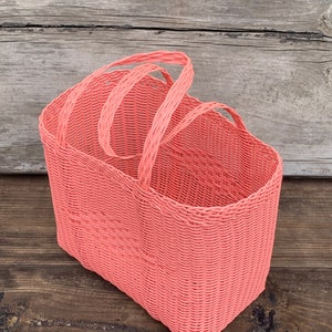 SMALL BASKET Solid Salmon Melon Pink Picnic Woven Guatemalan Plastic Market Basket Strong Resistant Bag Bright Colors