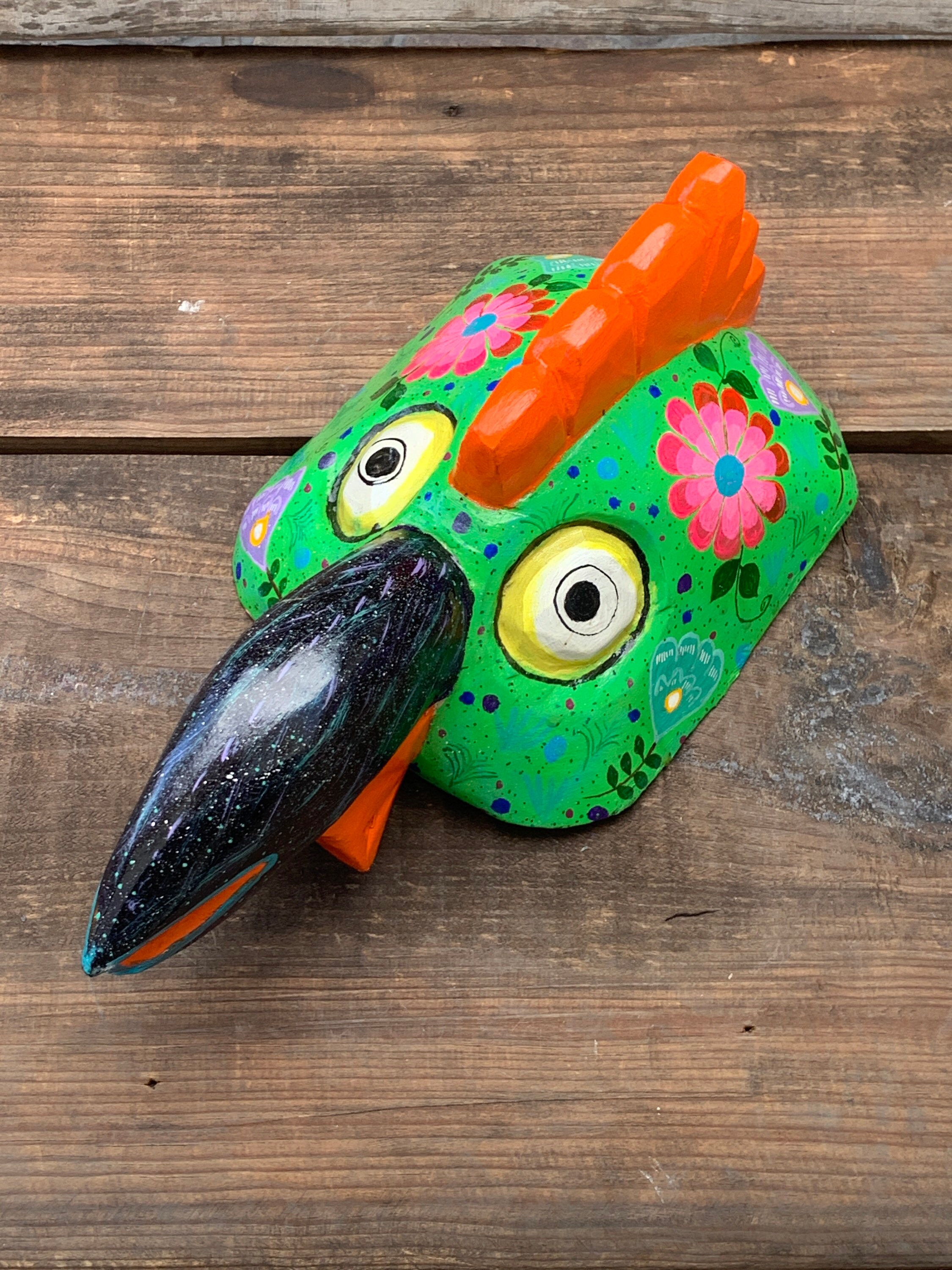 Green and Orange Chicken Mask Hand-carved Hand-painted From - Etsy