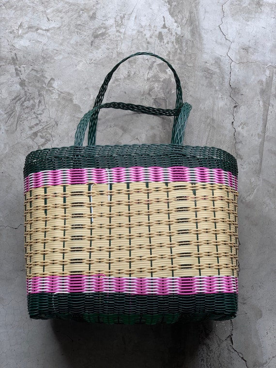 Woven Guatemalan Metallic Green Plastic Market Basket Strong Resistant Bag Bright Colors